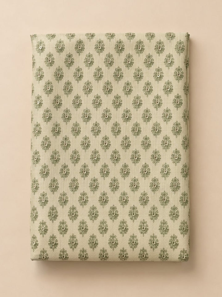 Pista Green Printed Cotton Blend Unstitched Suit &amp; Pant With Cotton Dupatta