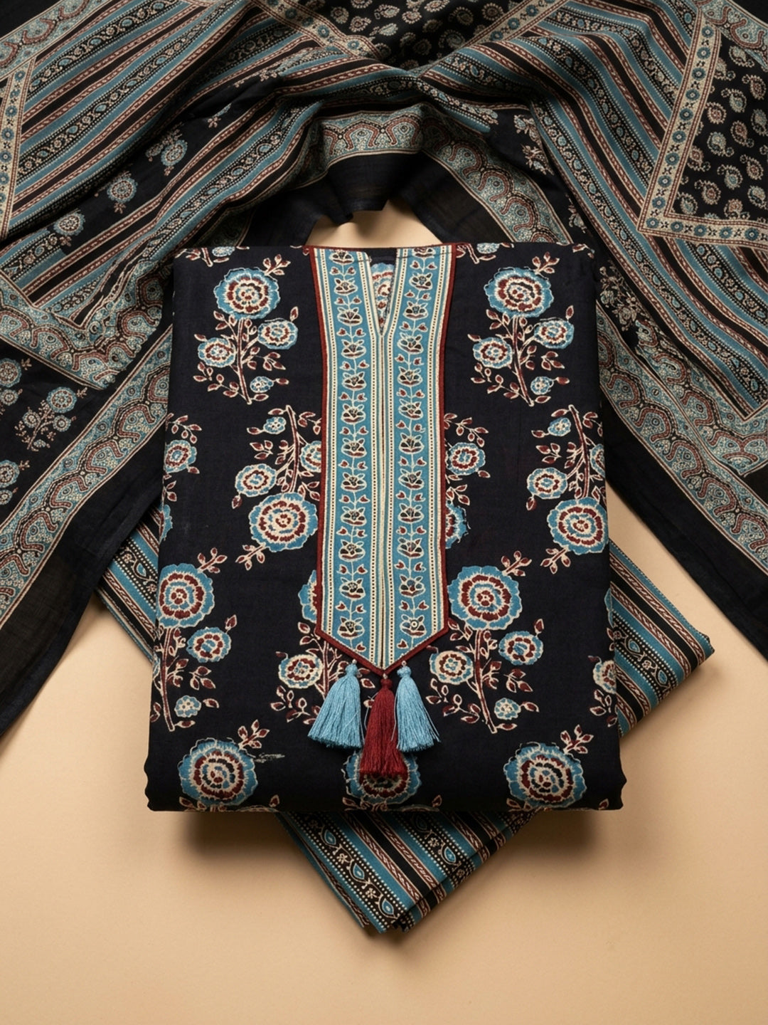 Black Embroidered Cotton Blend Unstitched Suit &amp; Pant With Cotton Dupatta