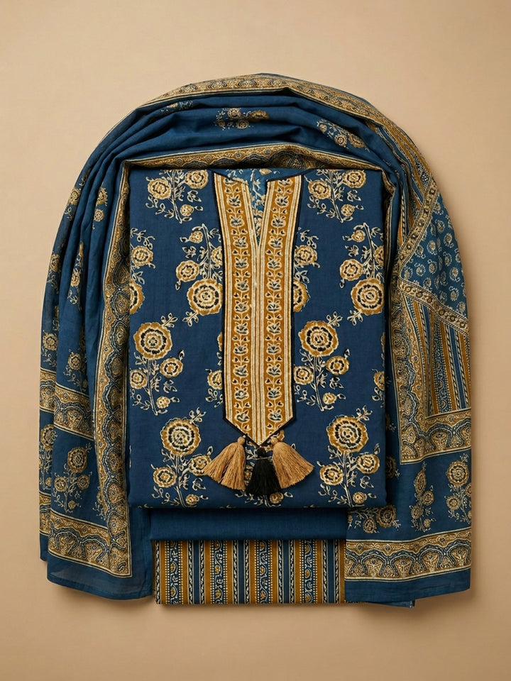 Blue Embroidered Cotton Blend Unstitched Suit &amp; Pant With Cotton Dupatta