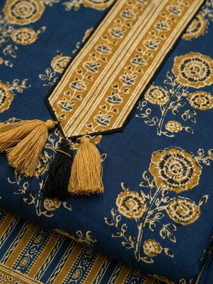 Blue Embroidered Cotton Blend Unstitched Suit &amp; Pant With Cotton Dupatta
