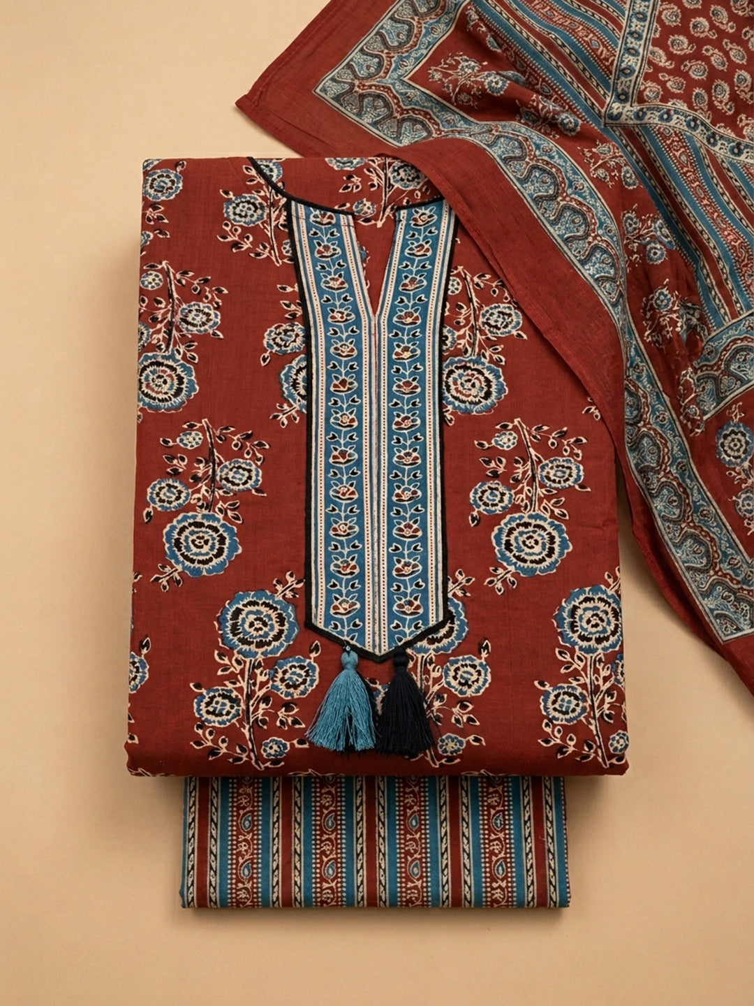 Maroon Embroidered Cotton Blend Unstitched Suit &amp; Pant With Cotton Dupatta