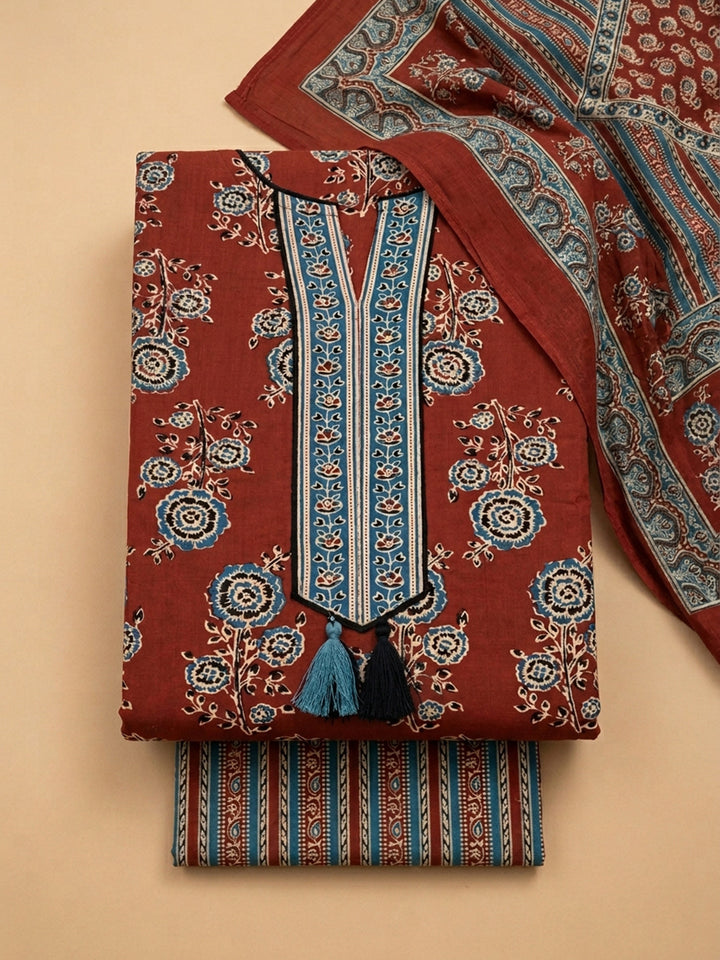 Maroon Embroidered Cotton Blend Unstitched Suit &amp; Pant With Cotton Dupatta