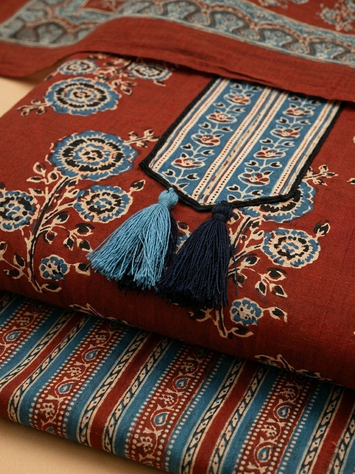 Maroon Embroidered Cotton Blend Unstitched Suit &amp; Pant With Cotton Dupatta