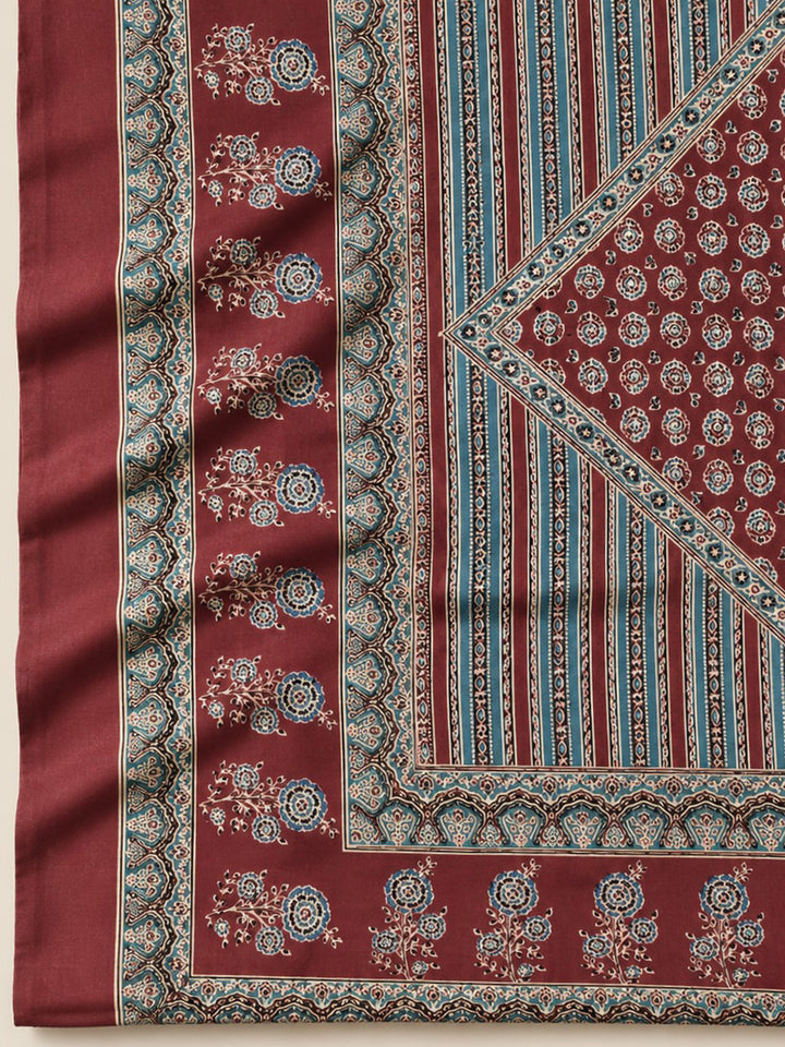 Maroon Embroidered Cotton Blend Unstitched Suit &amp; Pant With Cotton Dupatta