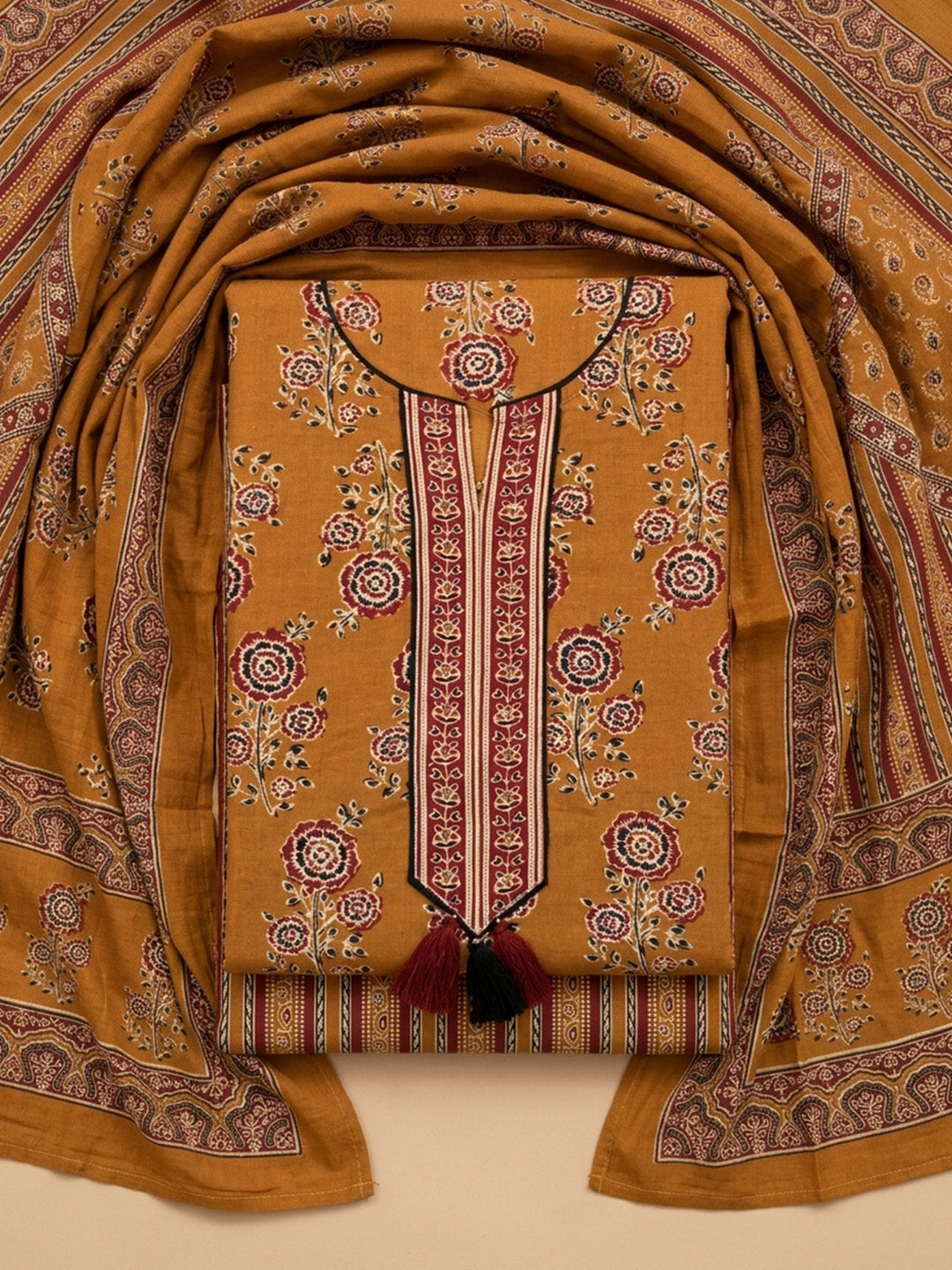 Mustard Embroidered Cotton Blend Unstitched Suit &amp; Pant With Cotton Dupatta