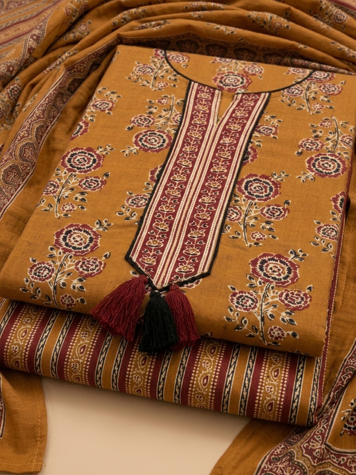 Mustard Embroidered Cotton Blend Unstitched Suit &amp; Pant With Cotton Dupatta