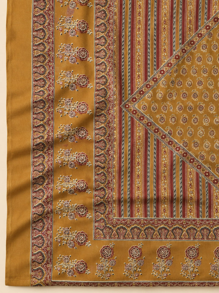 Mustard Embroidered Cotton Blend Unstitched Suit &amp; Pant With Cotton Dupatta