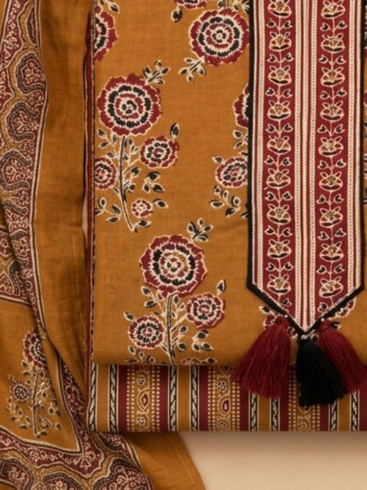 Mustard Embroidered Cotton Blend Unstitched Suit &amp; Pant With Cotton Dupatta
