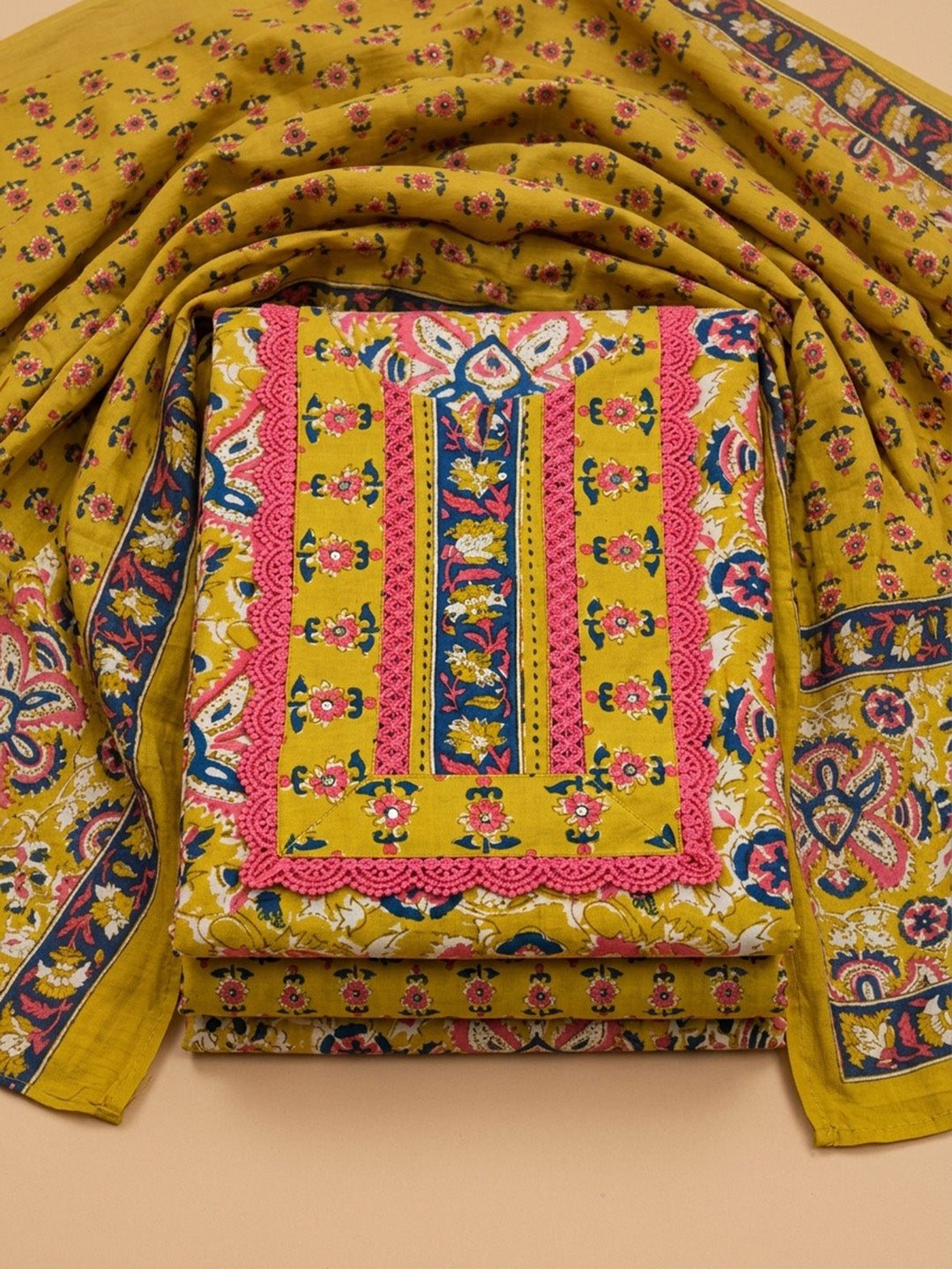 Mustard Embroidered Cotton Blend Unstitched Suit &amp; Pant With Cotton Dupatta