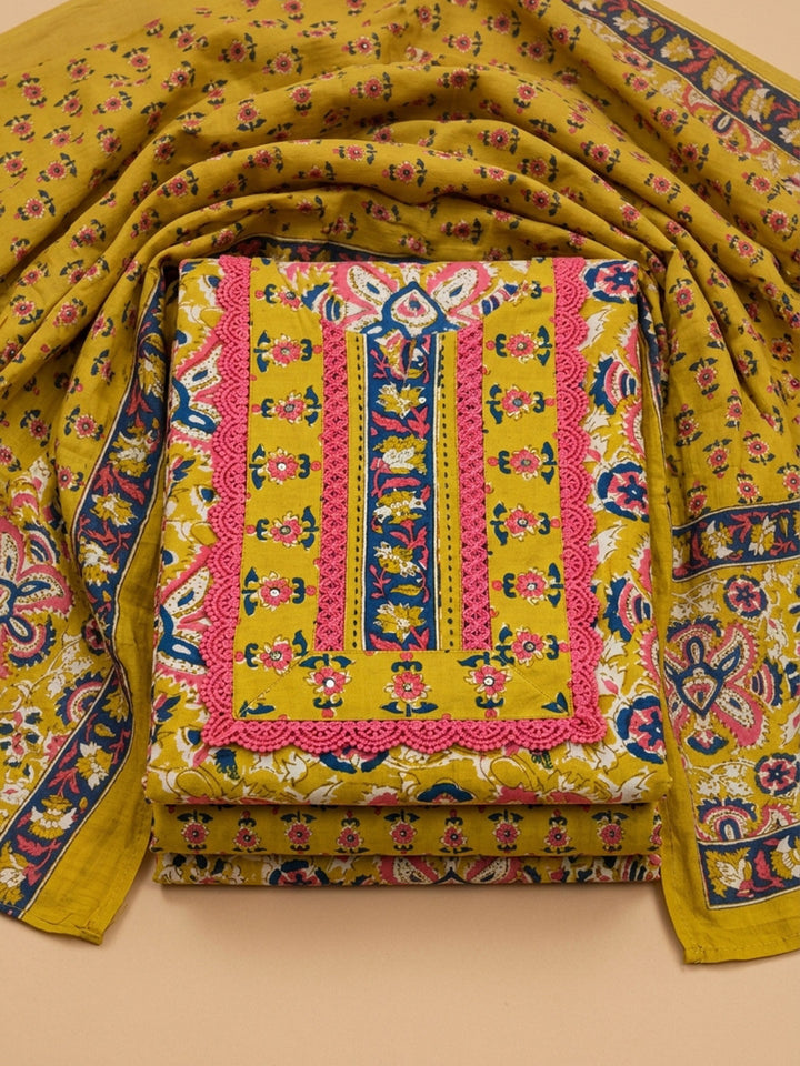 Mustard Embroidered Cotton Blend Unstitched Suit &amp; Pant With Cotton Dupatta