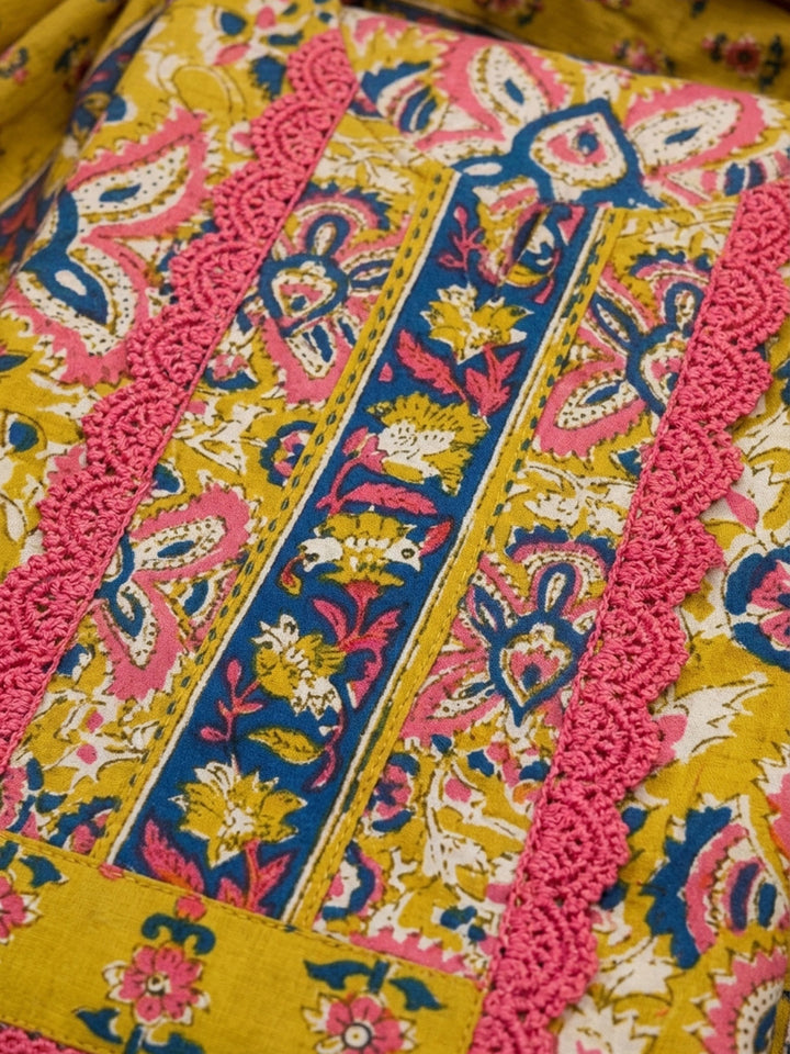 Mustard Embroidered Cotton Blend Unstitched Suit &amp; Pant With Cotton Dupatta