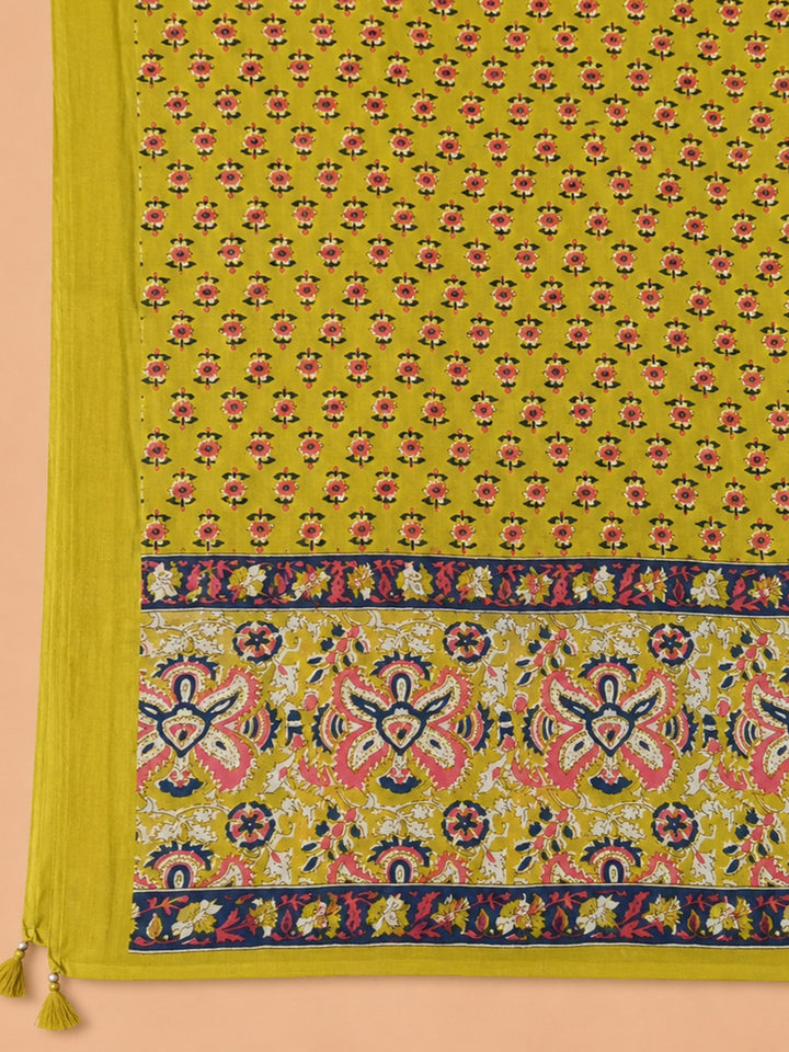 Mustard Embroidered Cotton Blend Unstitched Suit &amp; Pant With Cotton Dupatta