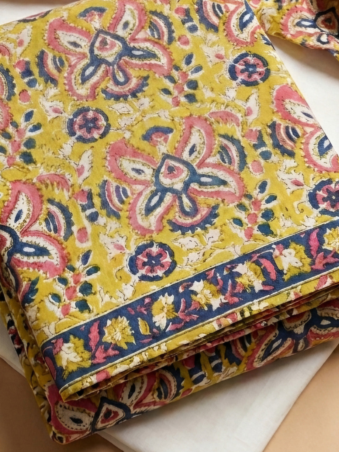 Mustard Embroidered Cotton Blend Unstitched Suit &amp; Pant With Cotton Dupatta