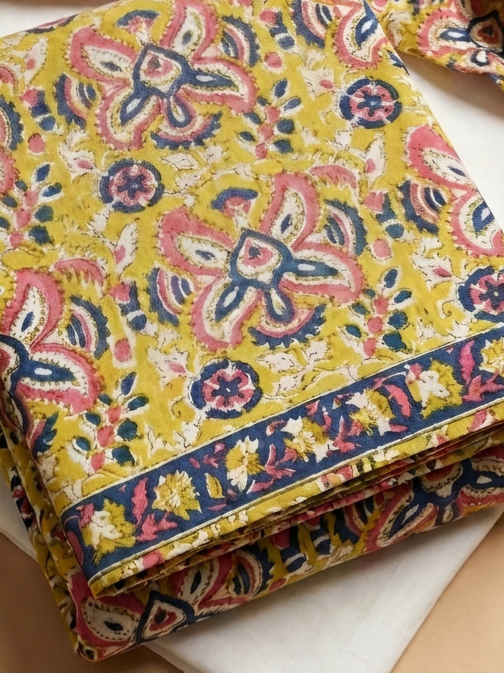 Mustard Embroidered Cotton Blend Unstitched Suit &amp; Pant With Cotton Dupatta