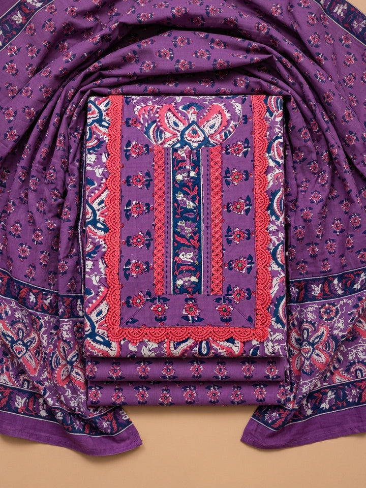 Purple Embroidered Cotton Blend Unstitched Suit &amp; Pant With Cotton Dupatta