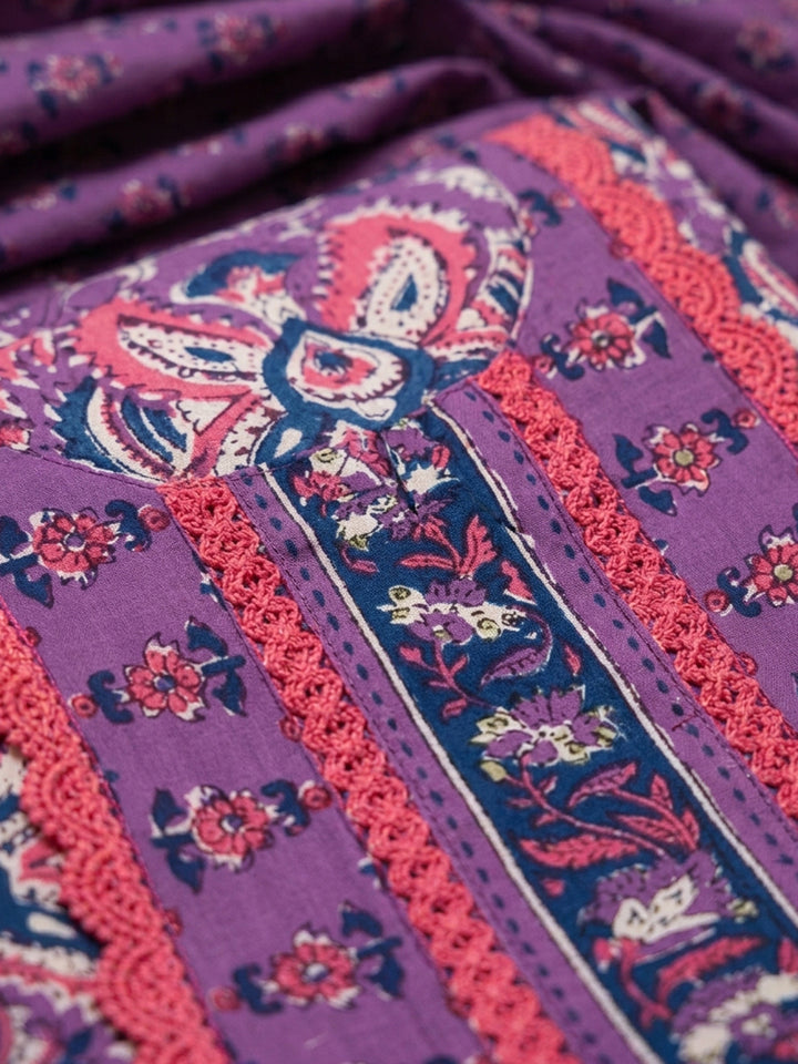 Purple Embroidered Cotton Blend Unstitched Suit &amp; Pant With Cotton Dupatta
