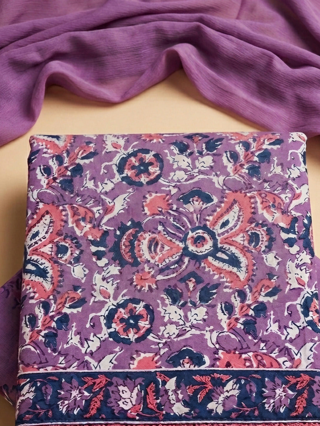 Purple Embroidered Cotton Blend Unstitched Suit &amp; Pant With Cotton Dupatta