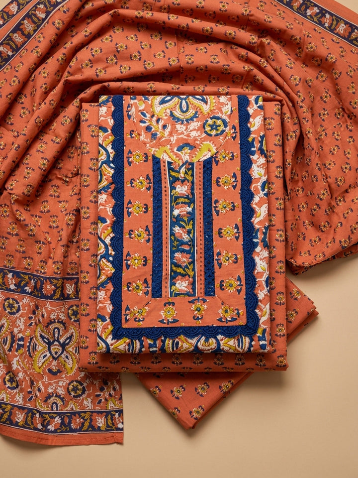 Rust Embroidered Cotton Blend Unstitched Suit &amp; Pant With Cotton Dupatta
