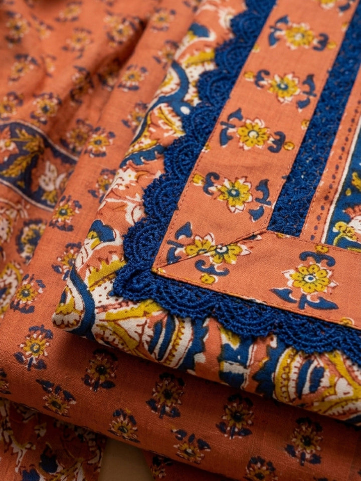 Rust Embroidered Cotton Blend Unstitched Suit &amp; Pant With Cotton Dupatta