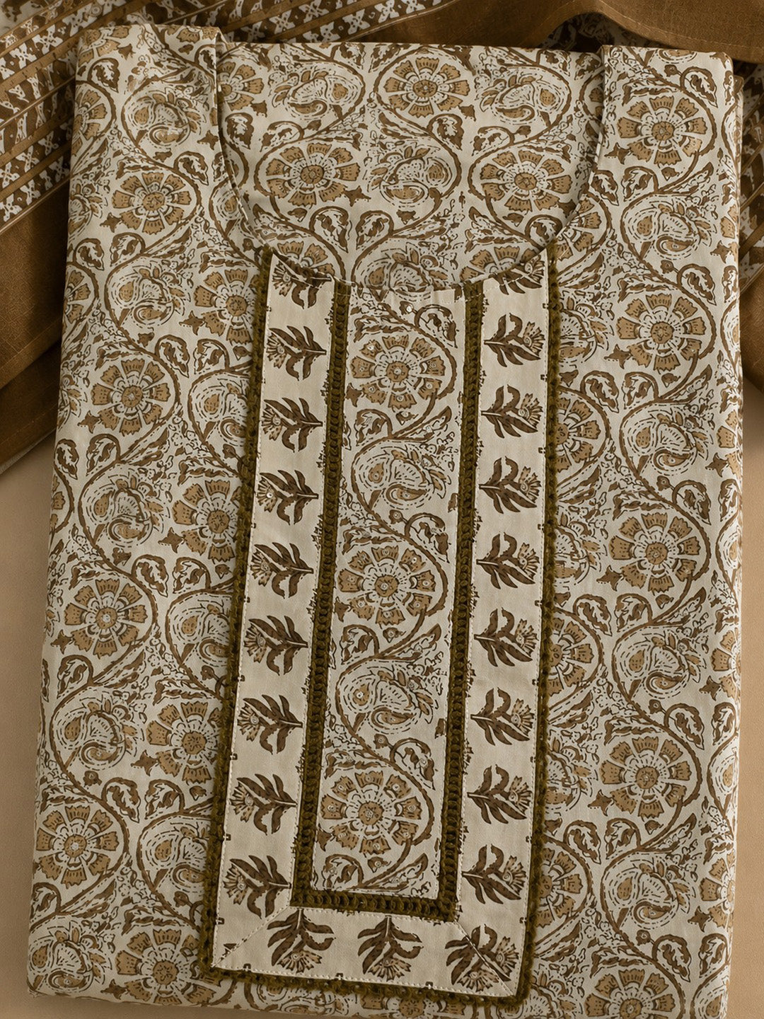 Beige Embroidered Cotton Blend Unstitched Suit &amp; Pant With Cotton Dupatta