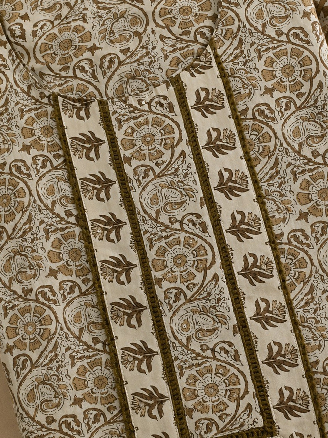 Beige Embroidered Cotton Blend Unstitched Suit &amp; Pant With Cotton Dupatta