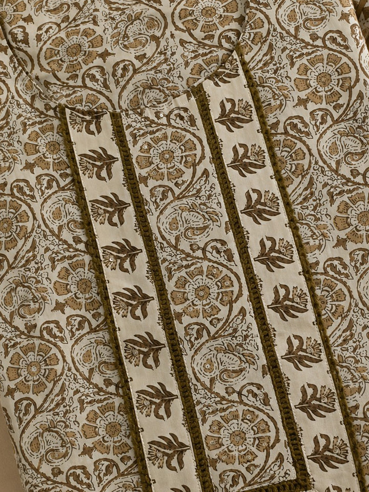 Beige Embroidered Cotton Blend Unstitched Suit &amp; Pant With Cotton Dupatta