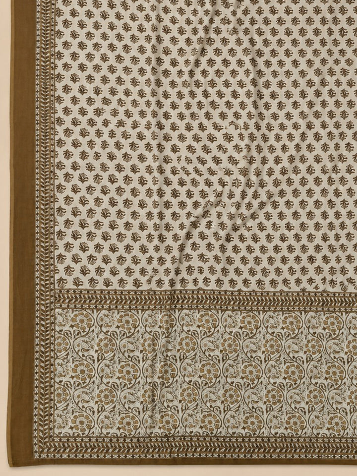 Beige Embroidered Cotton Blend Unstitched Suit &amp; Pant With Cotton Dupatta
