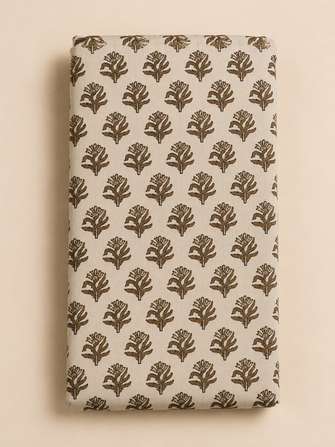 Beige Embroidered Cotton Blend Unstitched Suit &amp; Pant With Cotton Dupatta
