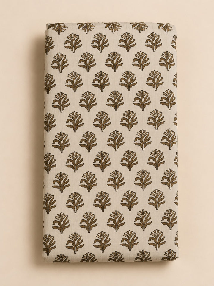 Beige Embroidered Cotton Blend Unstitched Suit &amp; Pant With Cotton Dupatta