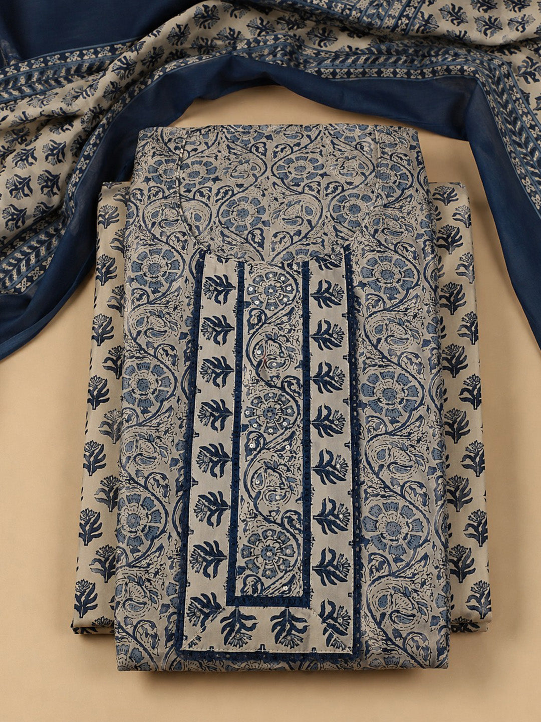 Blue Embroidered Cotton Blend Unstitched Suit &amp; Pant With Cotton Dupatta