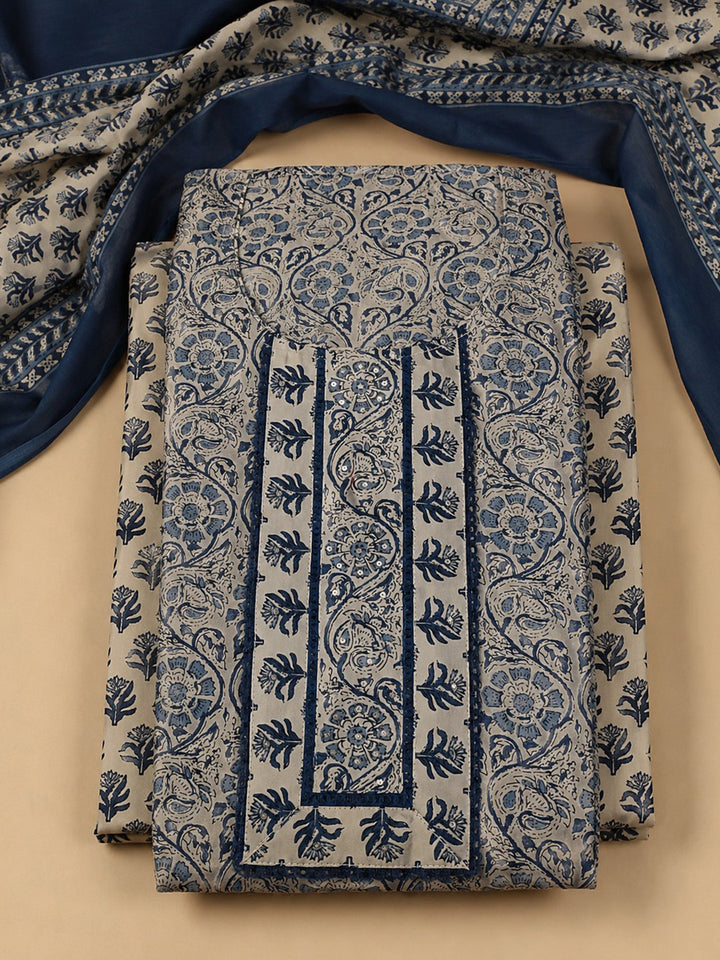 Blue Embroidered Cotton Blend Unstitched Suit &amp; Pant With Cotton Dupatta