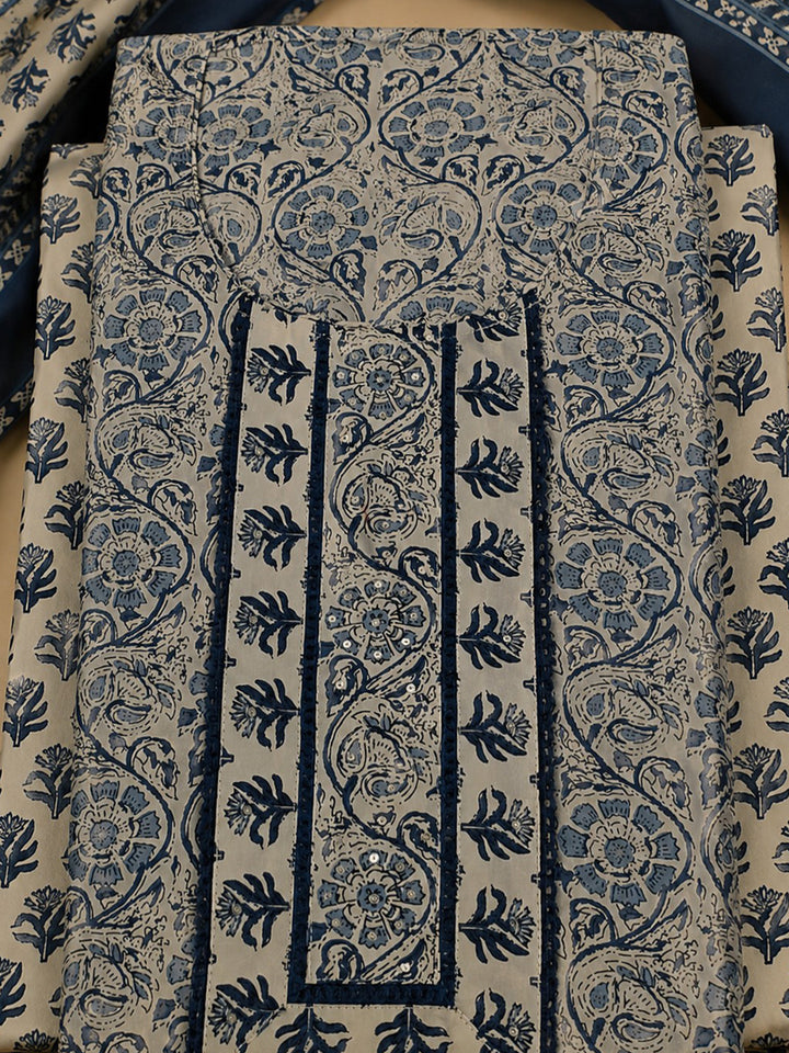 Blue Embroidered Cotton Blend Unstitched Suit &amp; Pant With Cotton Dupatta