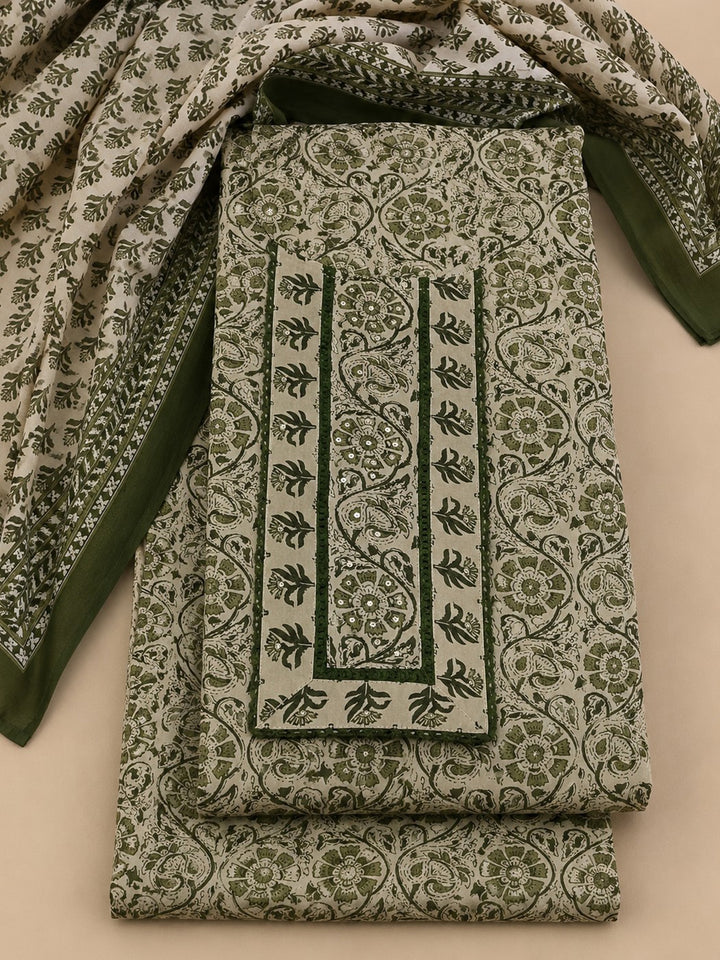Green Embroidered Cotton Blend Unstitched Suit &amp; Pant With Cotton Dupatta