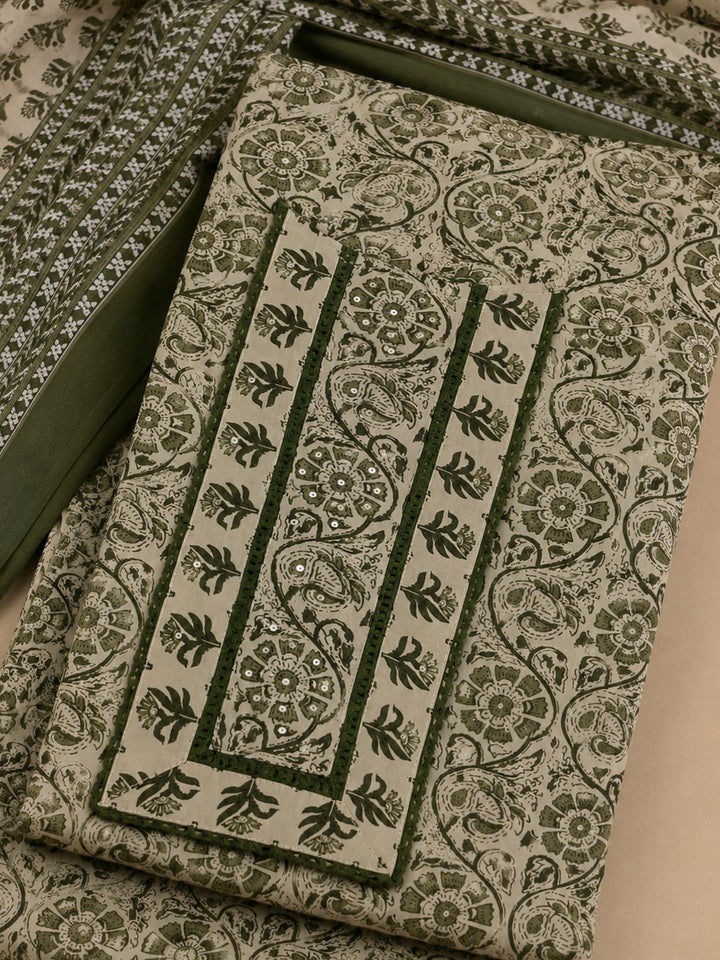 Green Embroidered Cotton Blend Unstitched Suit &amp; Pant With Cotton Dupatta