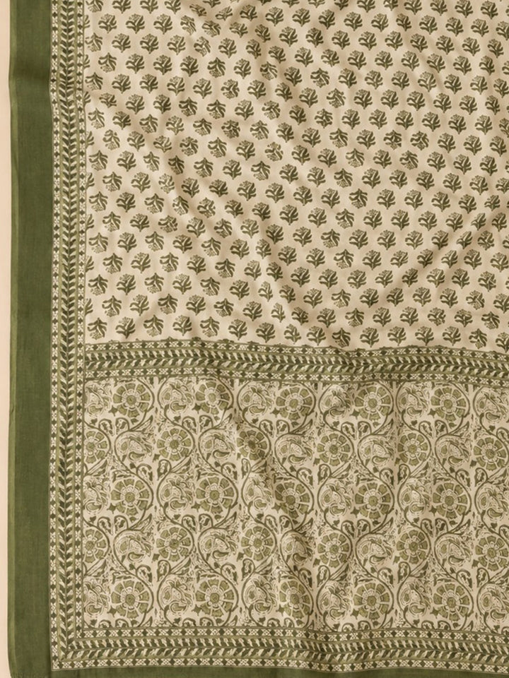 Green Embroidered Cotton Blend Unstitched Suit &amp; Pant With Cotton Dupatta