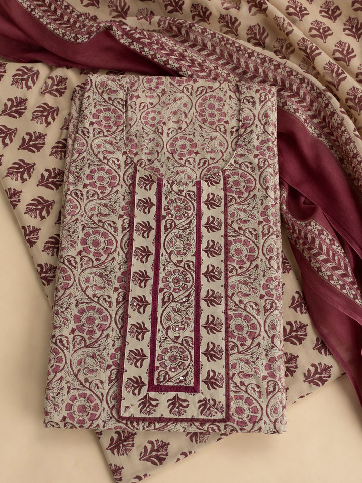 Onion Pink Embroidered Cotton Blend Unstitched Suit &amp; Pant With Cotton Dupatta