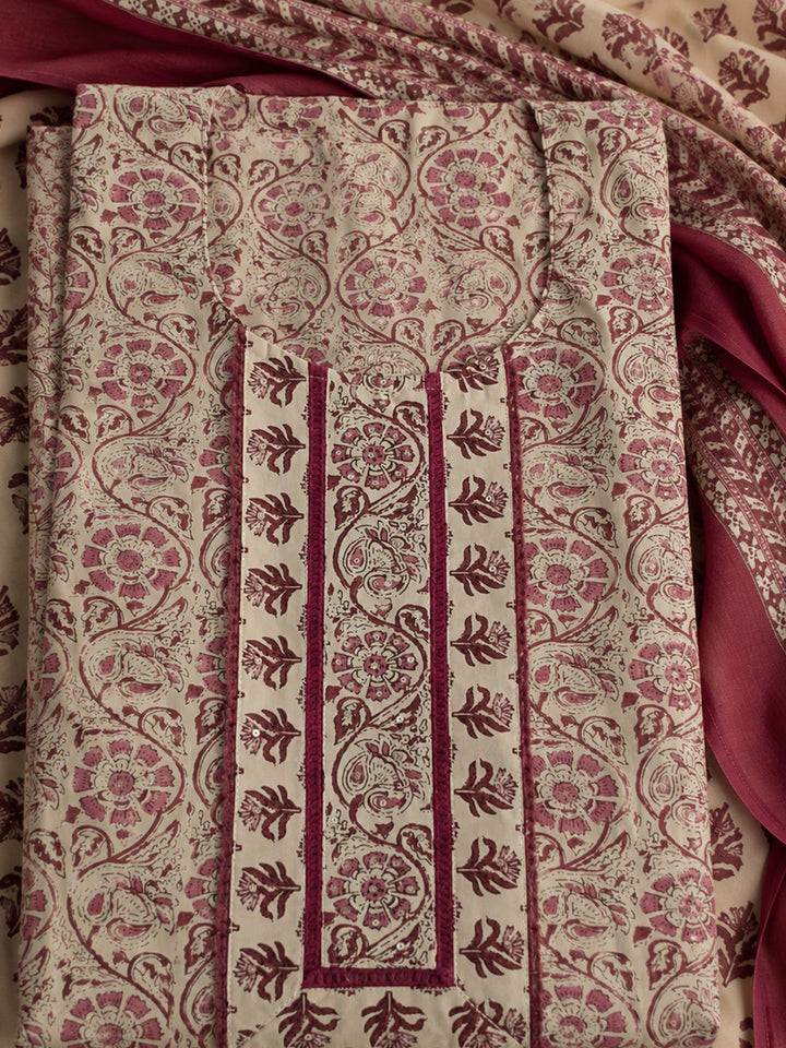 Onion Pink Embroidered Cotton Blend Unstitched Suit &amp; Pant With Cotton Dupatta