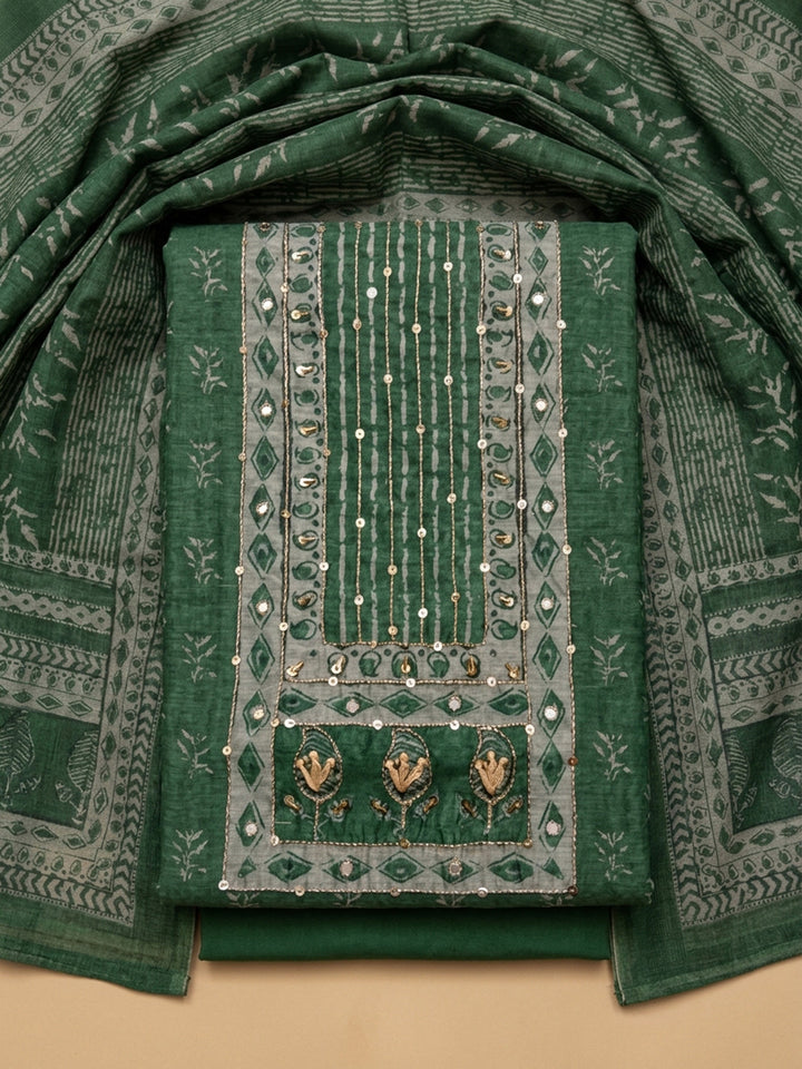 Green Printed Chanderi Unstitched Dress Material