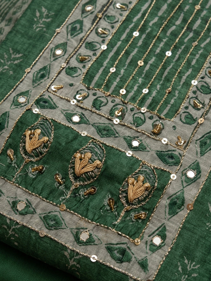 Green Printed Chanderi Unstitched Dress Material