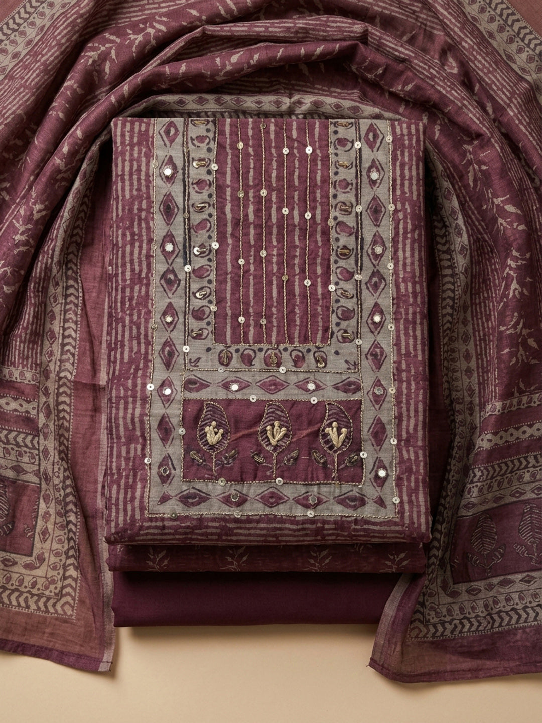 Onion Pink Printed Chanderi Unstitched Dress Material