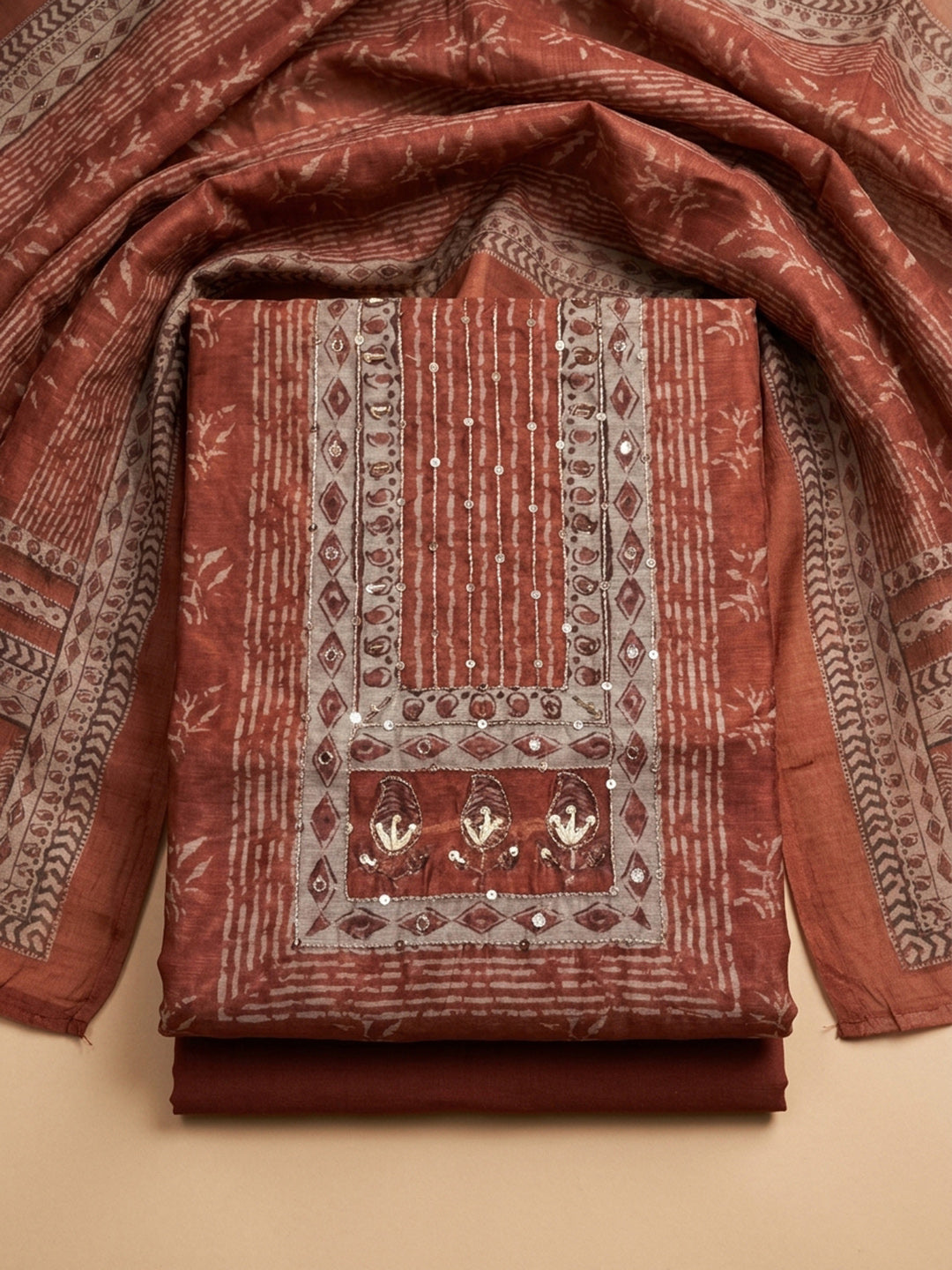 Red Printed Chanderi Unstitched Dress Material