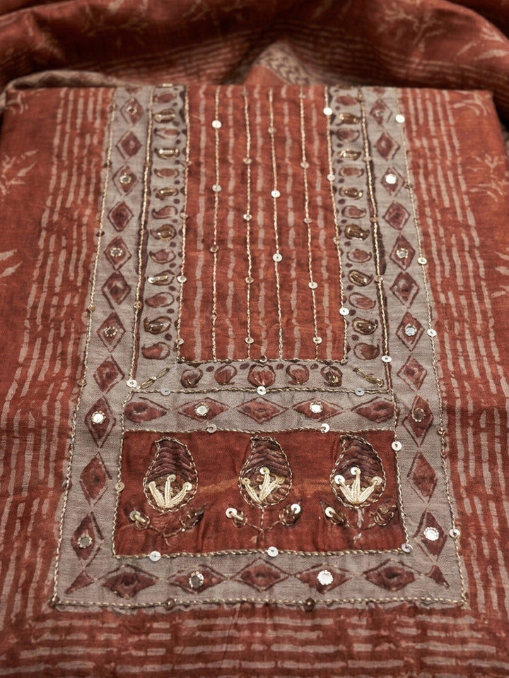 Red Printed Chanderi Unstitched Dress Material