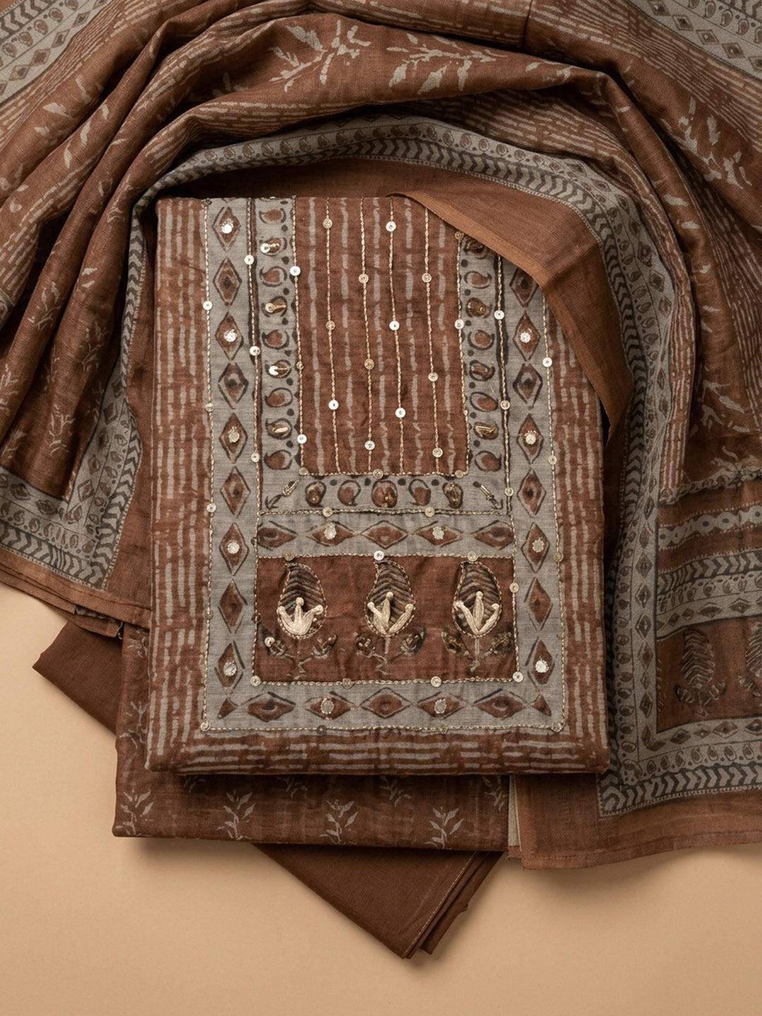 Rust Printed Chanderi Unstitched Dress Material