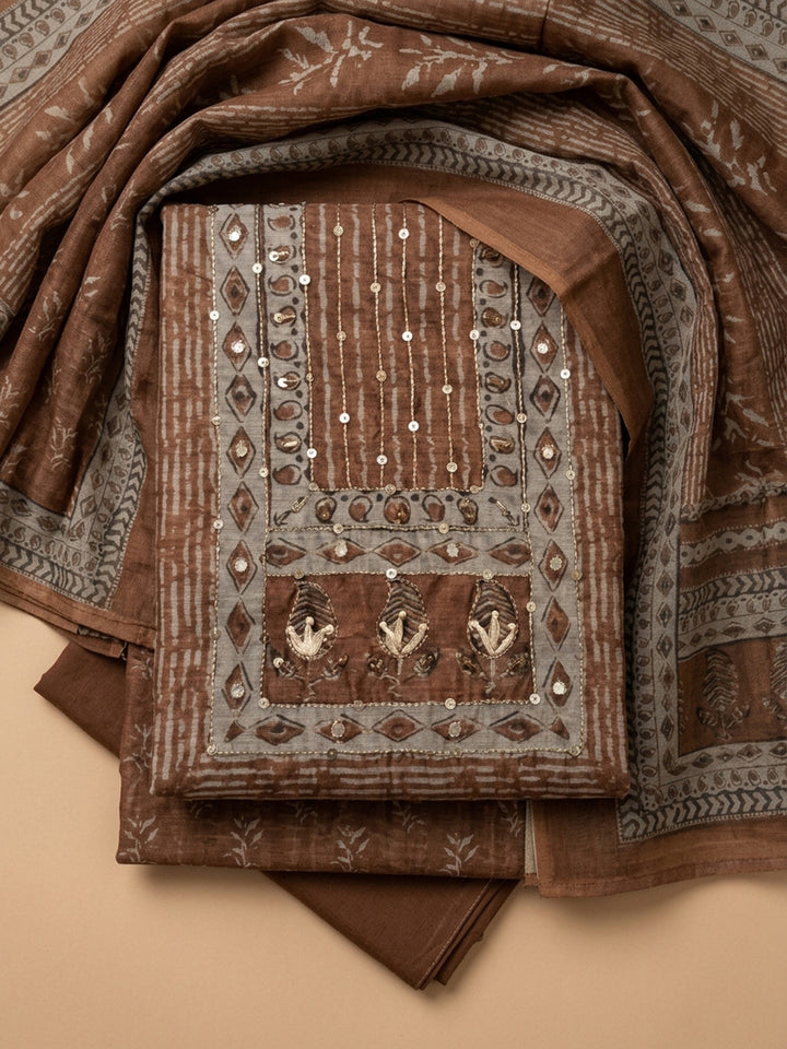 Rust Printed Chanderi Unstitched Dress Material
