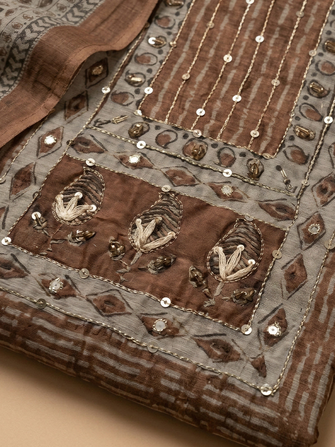 Rust Printed Chanderi Unstitched Dress Material