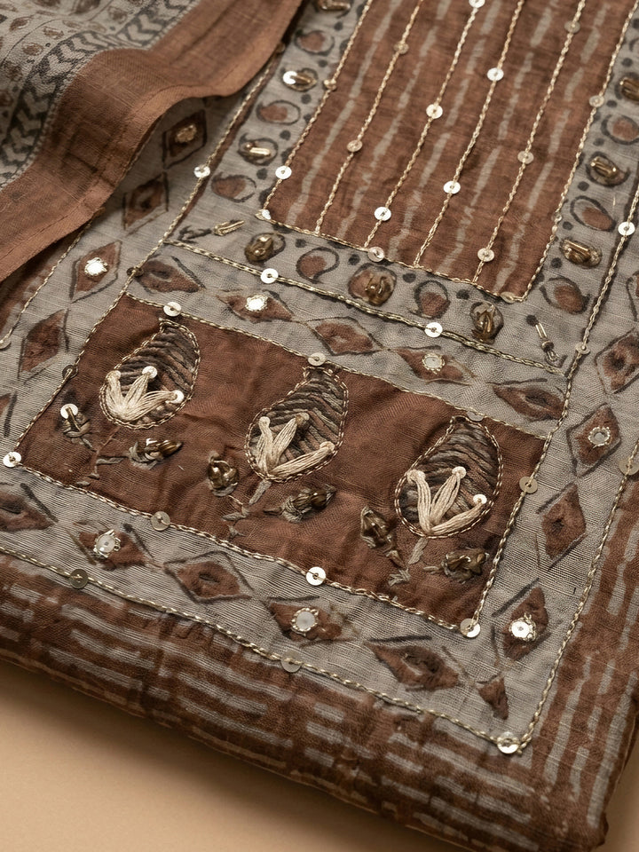 Rust Printed Chanderi Unstitched Dress Material