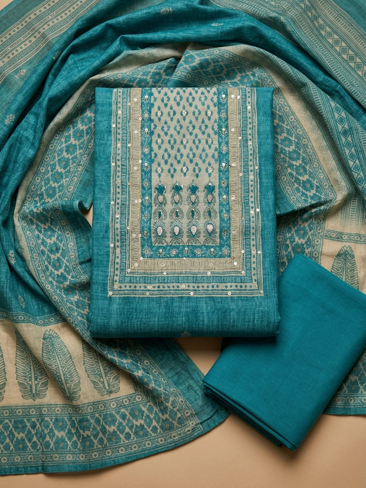 Lake Blue Printed Chanderi Unstitched Dress Material