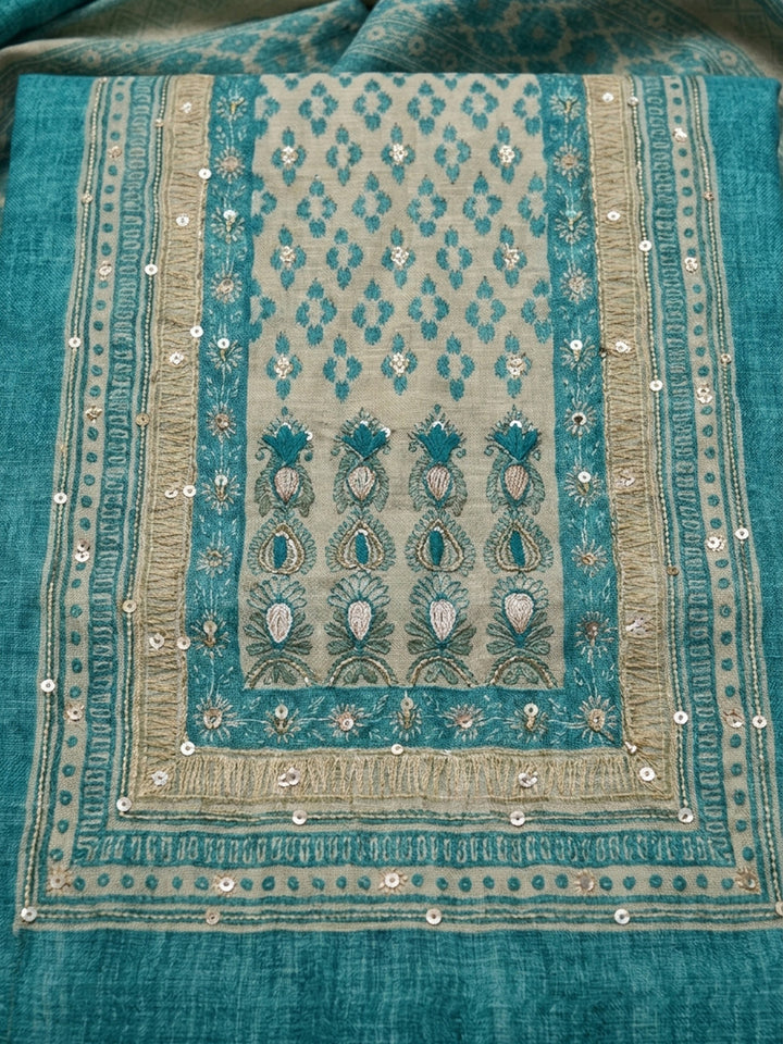 Lake Blue Printed Chanderi Unstitched Dress Material