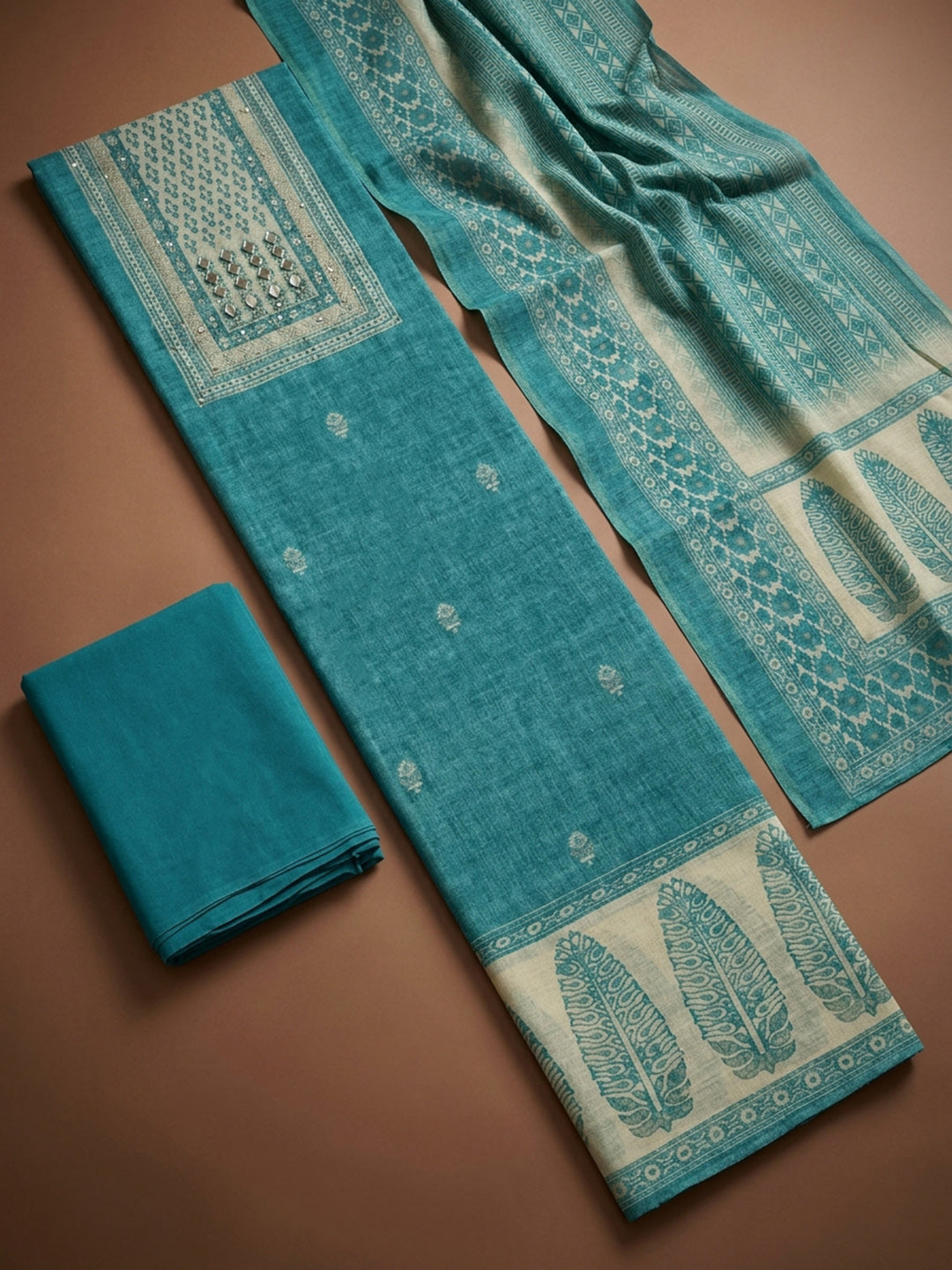Lake Blue Printed Chanderi Unstitched Dress Material