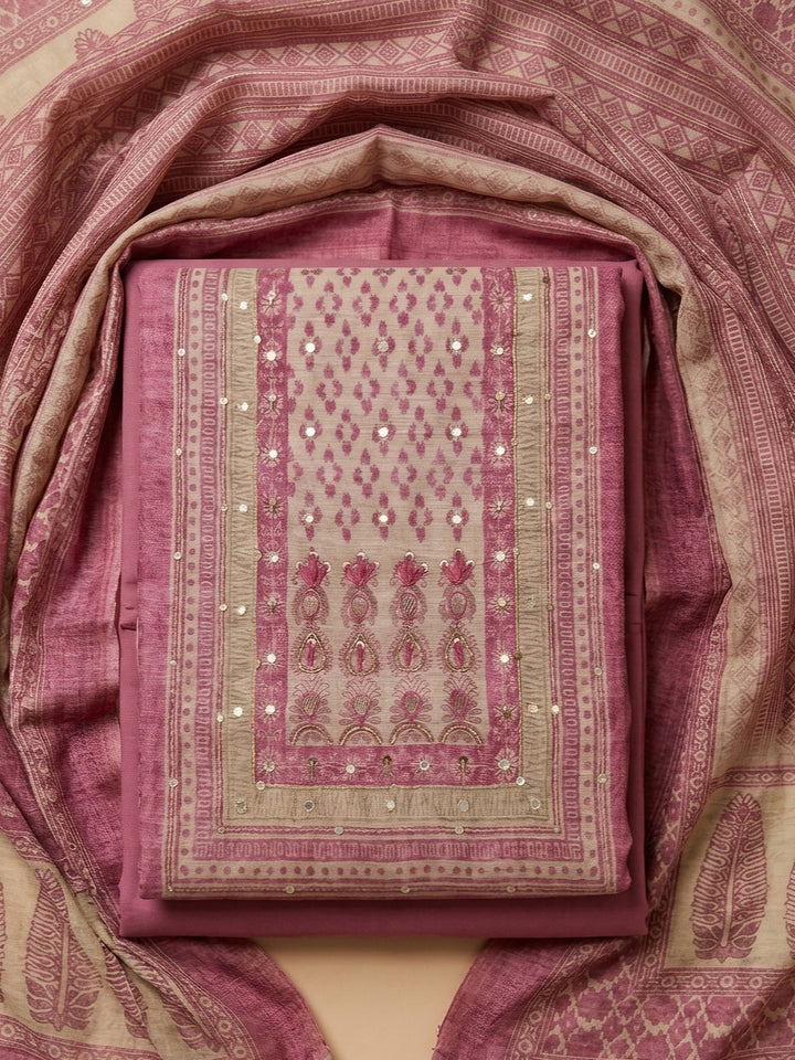 Onion Pink Printed Chanderi Unstitched Dress Material